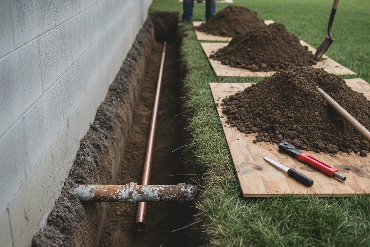 Excavated water line trench during Sewer Line Repair in Pine Meadow